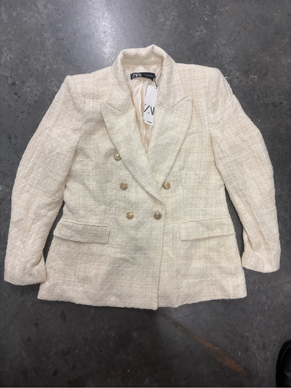 NWT ZARA Cream Textured Tweed Double Breasted Blazer Gold Buttons XL